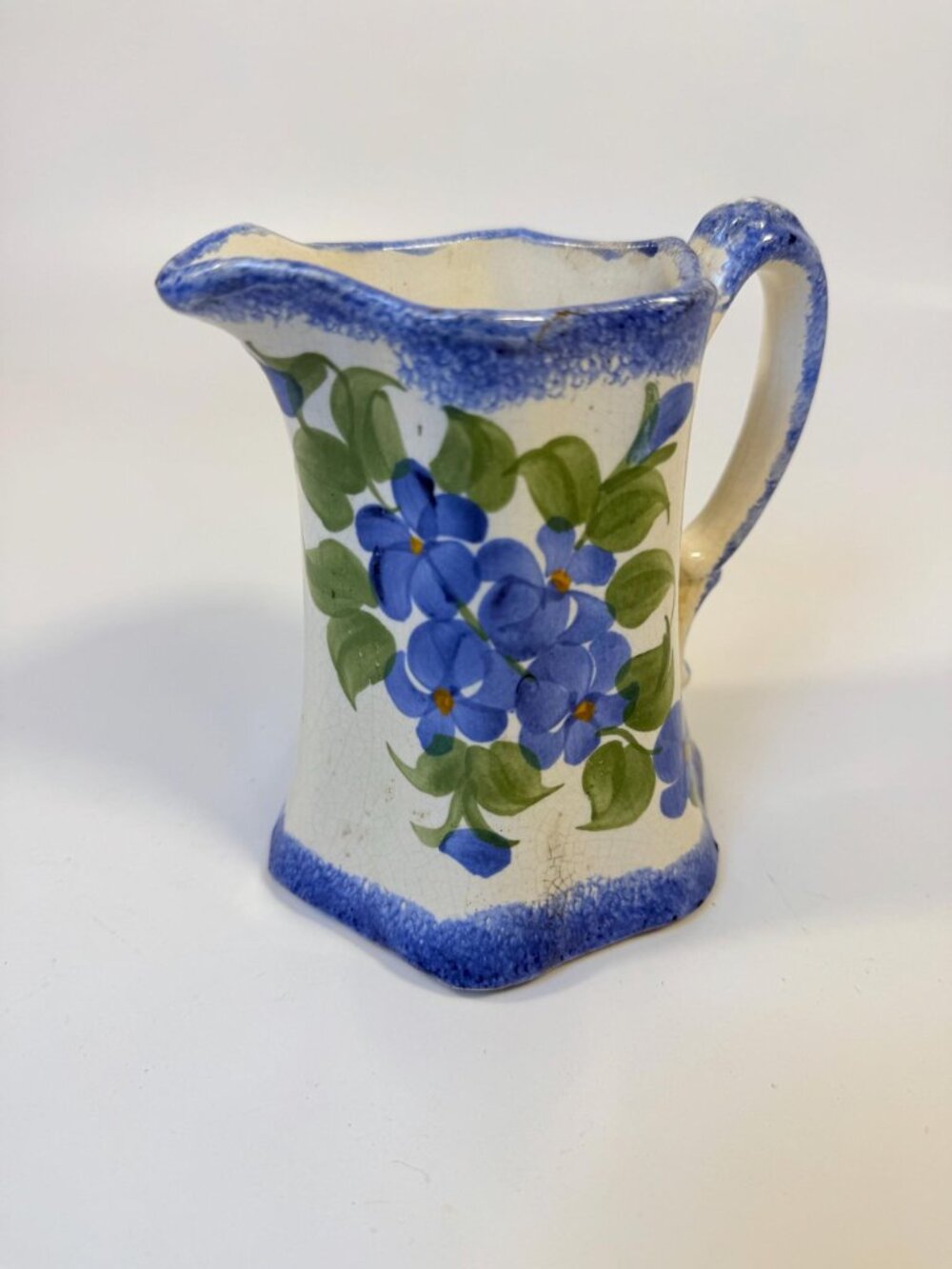 Pitcher Cash Family Pottery Vintage Blue White Milk Jug Creamer Hand Painted Flo - Picture 6 of 10
